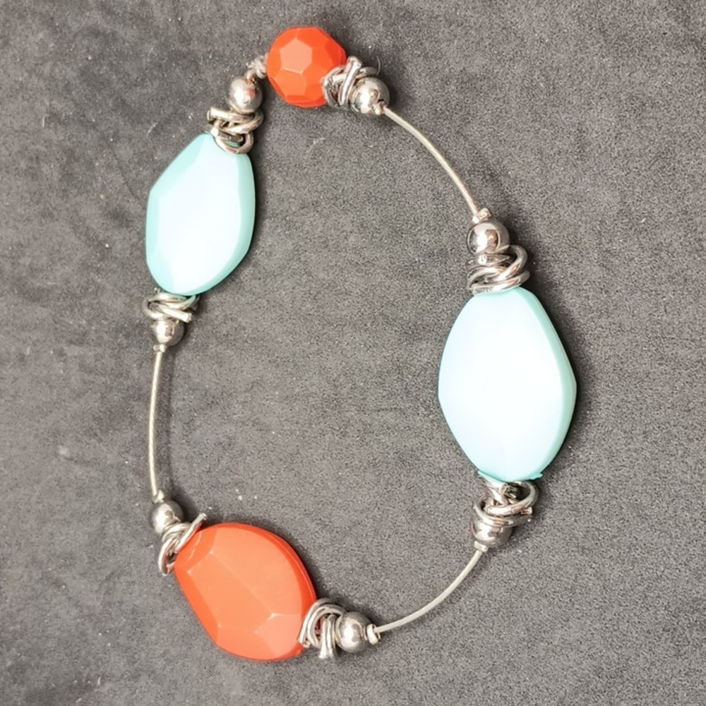 Blue orange beaded beach bangle bracelet